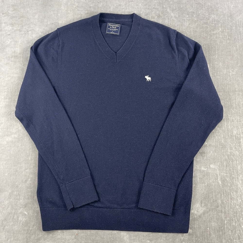 Abercrombie & Fitch Men Large Navy Blue V-Neck Sweater Merino Wool Blend Logo